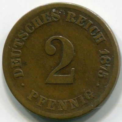 Монета Германская 2 пфеннига 1875 год. A