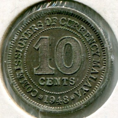 Монета Британская Малайя 10 центов 1948 год.