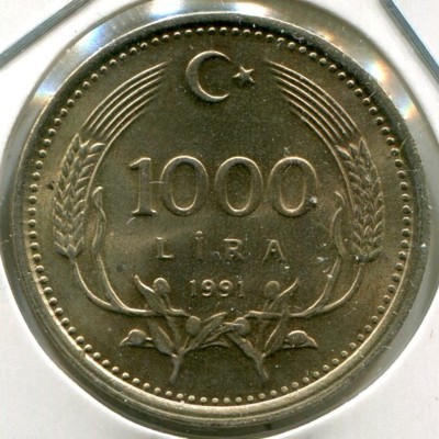 Монета Турция 1000 лир 1991 год.