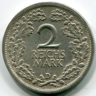 Монета Германия 2 рейхсмарки 1926 год. D