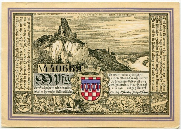 Банкнота город Бад-Хоннеф на Рейне 99 пфеннигов 1921 год.