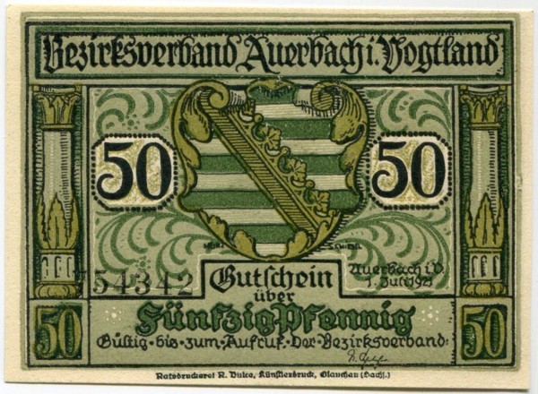 Банкнота община Ауэрбах 50 пфеннигов 1921 год.