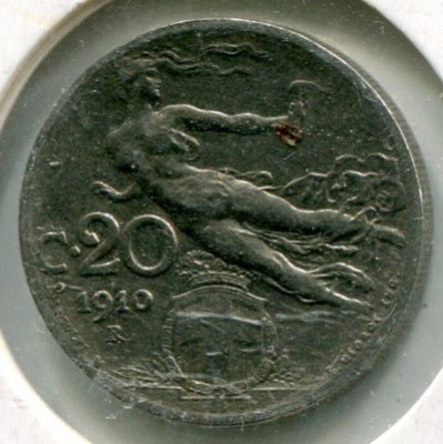 Монета Италия 20 чентезимо 1910 год.