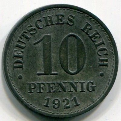 Монета Германия 10 пфеннигов 1921 год.