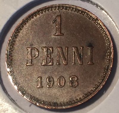 Монета Русская Финляндии  1 пенни 1908 год