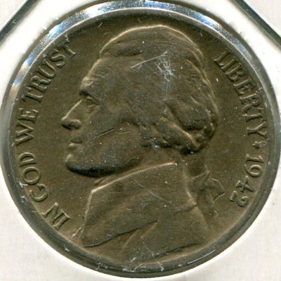 Монета США 5 центов 1942 год.