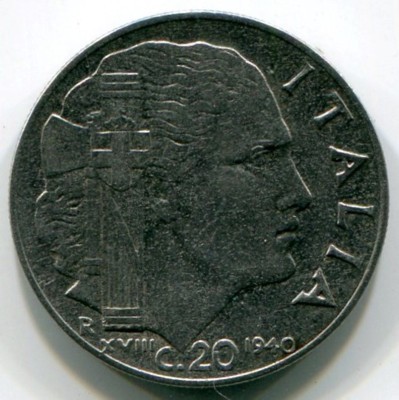 Монета Италия 20 чентезимо 1940 год.