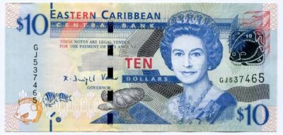 Банкнота Восточные Карибы 10 долларов 2012 год.
