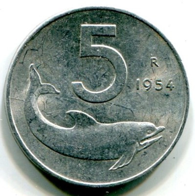 Монета Италия 5 лир 1954 год.