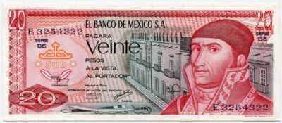 Банкнота Мексика 20 песо 1977 год.