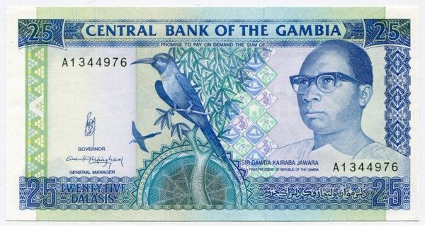 Банкнота Гамбия 25 даласи 2001 год.