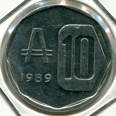 Монета Аргентина 10 аустралей 1989 год.