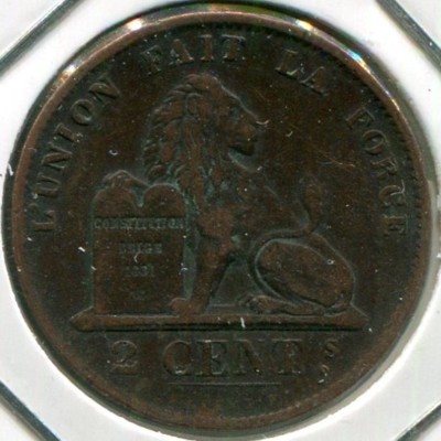 Монета Бельгия 2 сантима 1870 год.