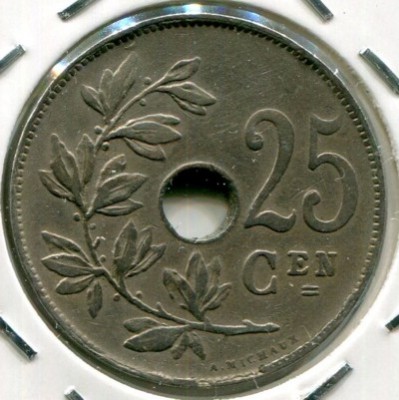 Монета Бельгия 25 сантимов 1922 год.