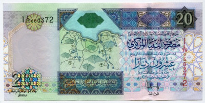 Банкнота Ливия 20 динар 1999 год.