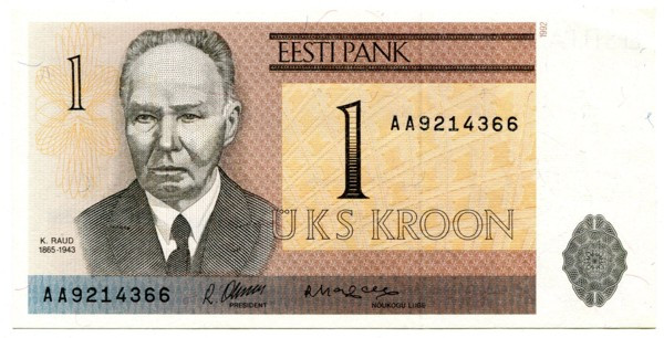 Банкнота Эстония 1 крона 1992 год.