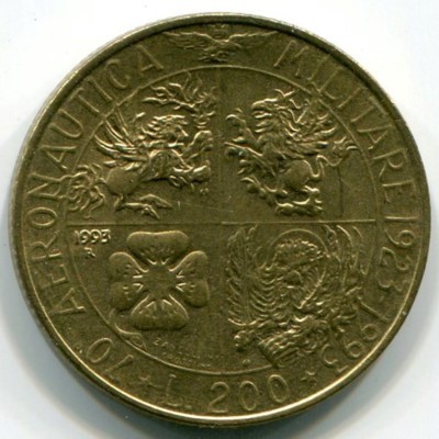 Монета Италия 200 лир 1993 год. 70 лет Военной авиации.