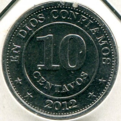 Монета Никарагуа 10 сентаво 2012 год.