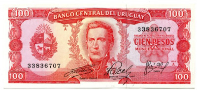 Банкнота Уругвай 100 песо 1967 год.