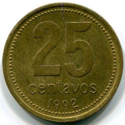 Монета Аргентина 25 сентаво 1992 год.