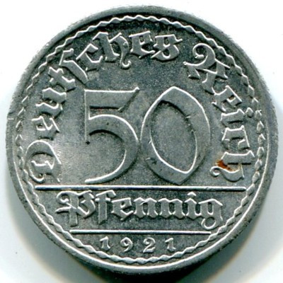 Монета Германия 50 пфеннигов 1921 год. А
