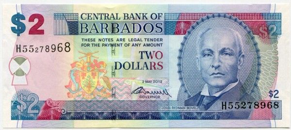 Банкнота Барбадос 2 доллара 2012 год.
