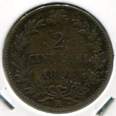 Монета Италия 2 чентезимо 1898 год.