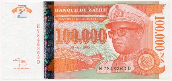 Банкнота Заир 100.000 заиров 1996 год.
