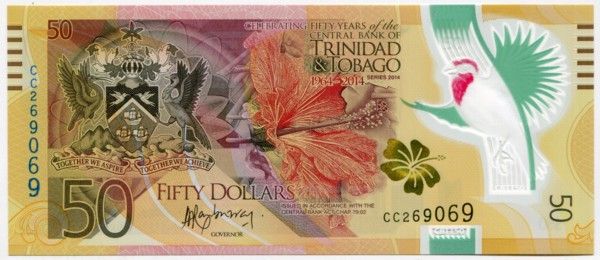 Банкнота Тринидад и Тобаго 50 долларов 2014 год. 50 лет Центробанку.