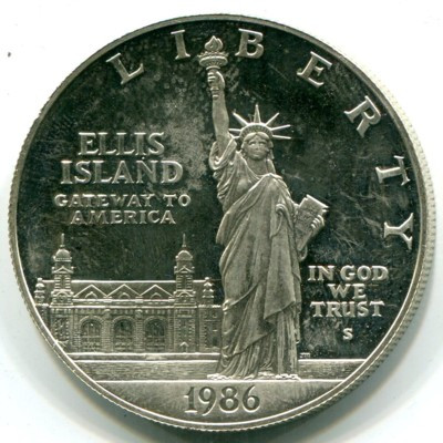 США, серебряная монета 1 доллар,  100 лет статуе Свободы, 1986 года
