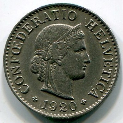 Монета Швейцария 5 раппенов 1920 год.