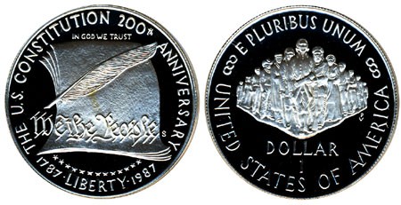 США, серебряная монета 1 доллар, 200 лет Конституции США, 1987 года