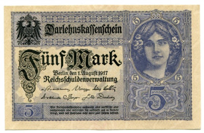 Банкнота Германская Империя 5 марок 1917 год. 