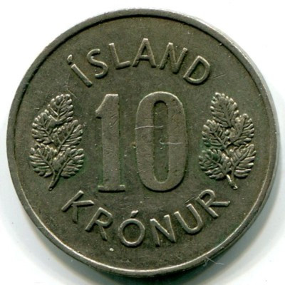 Монета Исландия 10 крон 1971 год.