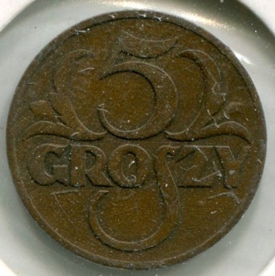 Монета Польша 5 грошей 1938 год.