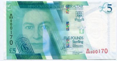 Банкнота Гибралтар 5 фунтов 2020 год.