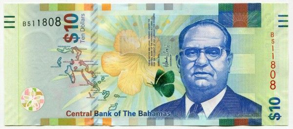 Банкнота Багамские острова 10 долларов 2016 год.
