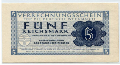 Банкнота Германия 5 рейхсмарок 1944 год. 