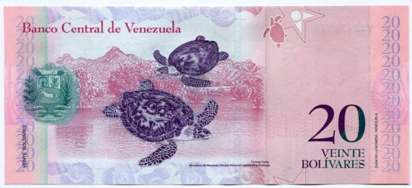 Банкнота Венесуэла 20 боливар 2014 год.