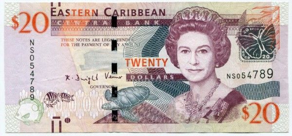 Банкнота Восточные Карибы 20 долларов 2012 год.