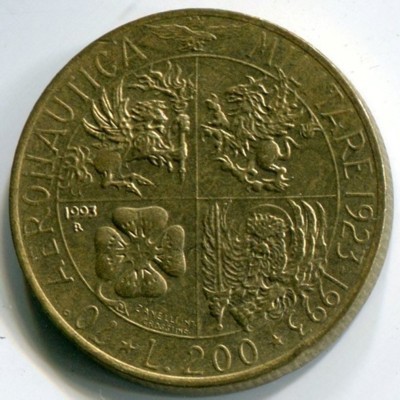Монета Италия 200 лир 1993 год. 70 лет Военной авиации.
