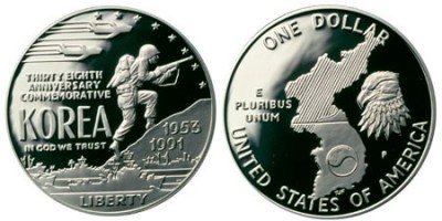 США, серебряная монета 1 доллар, 38 лет войне в Корее, 1991 года