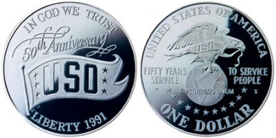 США, серебряная монета 1 доллар, 50 лет организации USO, 1991 года