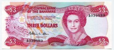 Банкнота Багамские острова 3 доллара 1974 год.