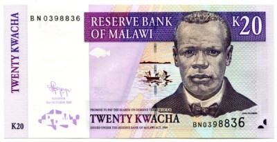 Банкнота Малави 20 квач 2009 год.