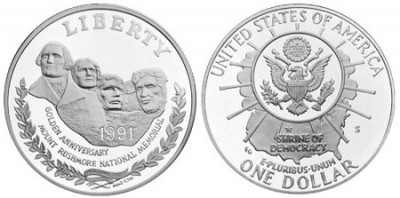 США, серебряная монета 1 доллар, Золотой юбилей национального памятника горы Рашмор, 1991 года