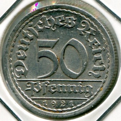 Монета Германия 50 пфеннигов 1921 год. A