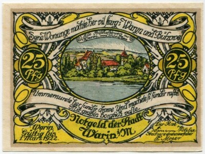 Банкнота город Варин 25 пфеннигов 1922 год.