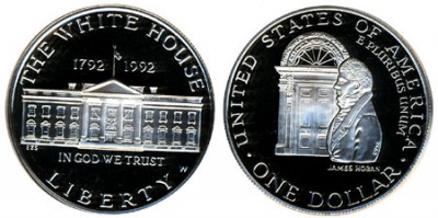 США, серебряная монета 1 доллар,  200-летие Белого дома, 1992 года