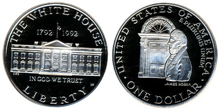 США, серебряная монета 1 доллар,  200-летие Белого дома, 1992 года